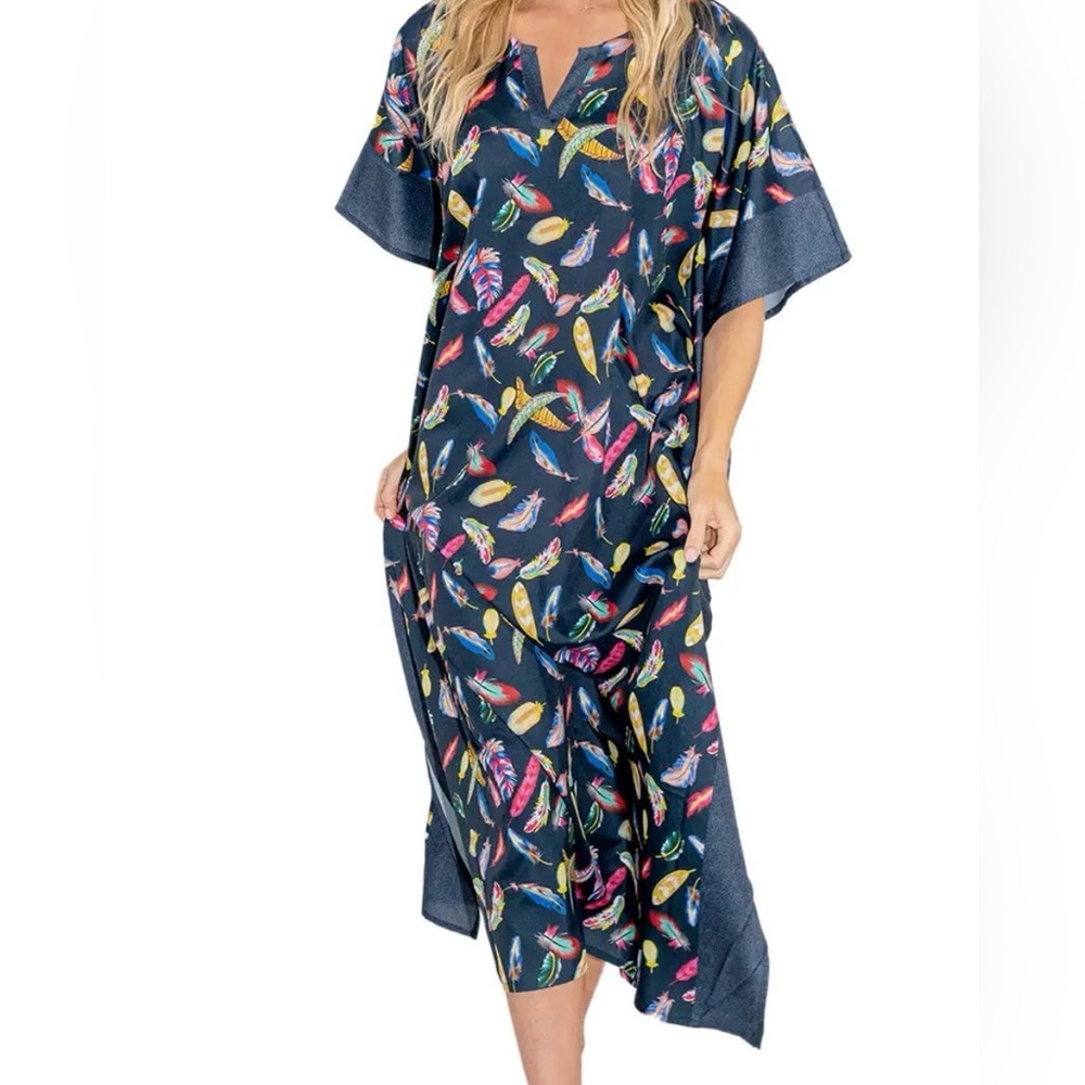 Lavish Navy Feather Print Kaftan Dress Sz Large - NWT